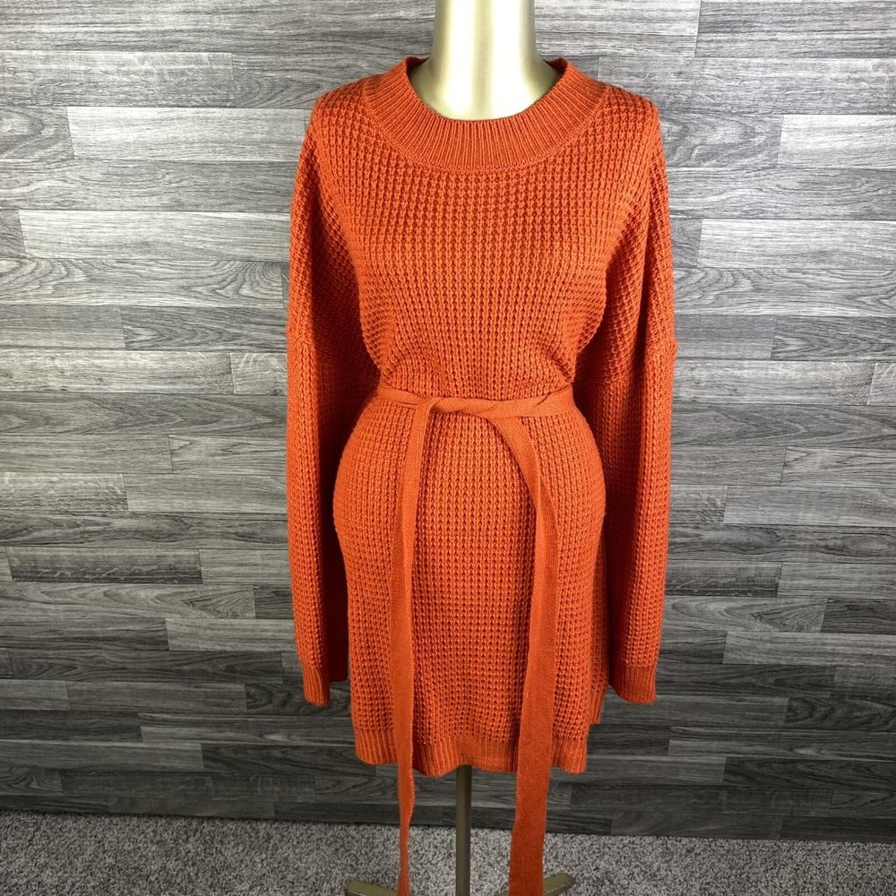 ZESICA Round Neck Tie Waist Orange Pullover Sweater Dress Women's Size XL